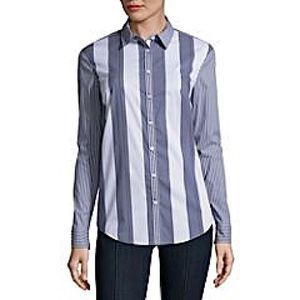 NWT BELLE SKY Button Blue Striped Open Back Top